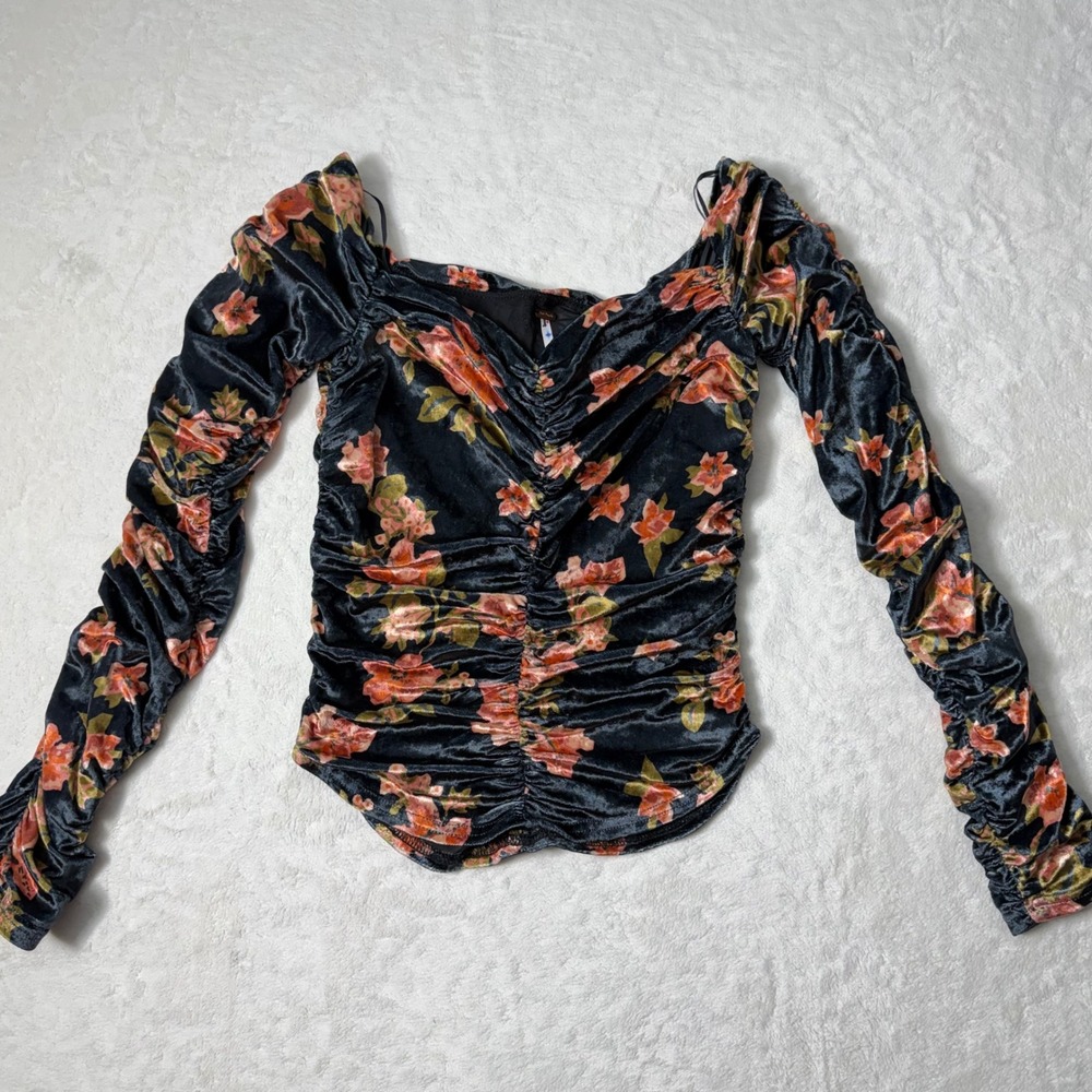 Free People Top Womens Size XS Pink Floral Off the Shoulder Velvet Velour Ruched